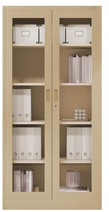 Jan Nowak Metallschrank mit Glasvitrine Aktenschrank Büroschrank Aufbewahrungsschrank 4 verstellbare Fachböden Sicherheitszylinderschloss Pulverbeschichtung 185 cm x 90 cm x 40 cm (Beige)