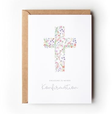 Paperlane by Essi 10 Einladungskarten Konfirmation Blumen Kreuz mit Umschlägen, Boho Einladungen Konfirmation floral zum Ausfüllen, Einladung Pastell Mädchen (Einladung Konfirmation florales Kreuz)