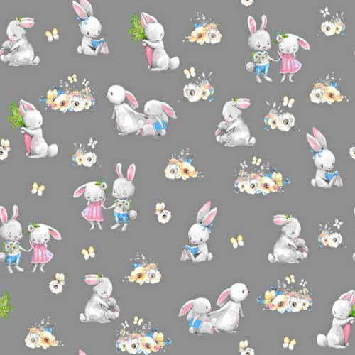 Textrend Baumwollstoff Meterware Kinder - Stoff zum Nähen - Kinderstoffe - Tiermuster - Textilien 1x1,6m (Verliebte Kaninchen auf dunkelgrauem Hintergrund)