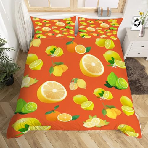 3D Frucht Zitrone Bettwäsche 135x200 Karikatur Weiche Microfaser Bettwäsche-Sets Bettbezug mit Reißverschluss und 2 Kissenbezug 80x80 cm