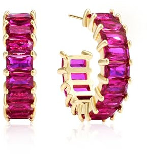 Mesovor Gold Cubic Zirconia Open Hoop Earrings for Women, 18K Gold Plated C Shape Hoop Earrings Jewelry for Party Prom (Dark Rose Red)