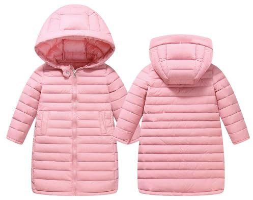 Happy Cherry Giacca Piumino Lungo con Cappuccio Classico Ultra Leggero Cappotto Invernale Manica Lunga Antivento Inverno Piumini Caldo Outwear per Bambina Bambini Rosa 9-10 Anni