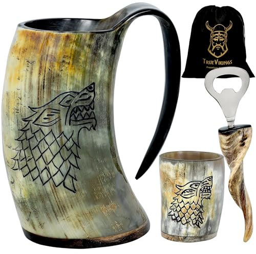 TRUE VIKING Drinking Horn Mug -16 oz | Viking Gifts for Men & Women | Norse Viking Horn Cup For Beer, Ale, Mead, Cold Drink | Authentic Ox Horn & Handmade | Natural Polished (Plain)