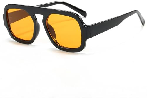 Long Keeper Occhiali da Sole Quadrati da Donna Uomo Vintage Occhiali da Sole Pilota Squadrati Classici Occhiali Pilota Anni 70 UV400 Protezione (Montatura Nero - Lente Arancioni)