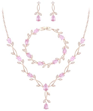 EVER FAITH Hochzeit Schmuckset für Braut Brautjungfer, Rosa Teardrop Cubic Zirkonia Blatt Rebe Braut Prom Halskette baumeln Ohrringe Armband Set für Damen