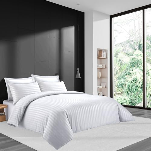 LYMA Bedding Duvet Cover Set King Stripes Embossed, OEKO-TEX Certified, Ultra Soft NanoPlush Double Brushed Quick Dry & Button Closure, Wrinkle Fade Resistant Quilt Cover with Pillowcase (White)