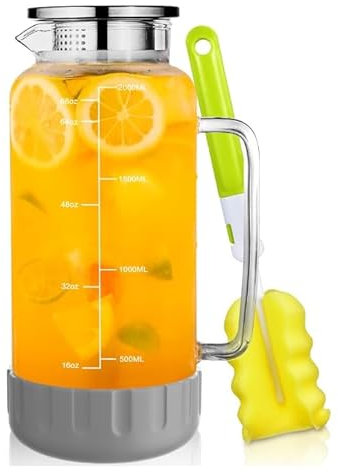 Glass Water Pitcher,68oz/2000ml Water Carafe with Lid and Silicone Base Anti-Slip Coaster, Precise Scale Line Water Jug for Milk Juice Coffee Sangria Cold or Hot Beverages