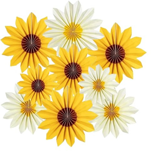 Sonnenblumen-Party-Dekorationen, 9 Stück, gelbe hängende Papierfächer für Babypartys, Geburtstage und Sommerveranstaltungen, Sonnenblumen-Themen-Wanddekoration, Blumen-Partyzubehör, Frühlings- und