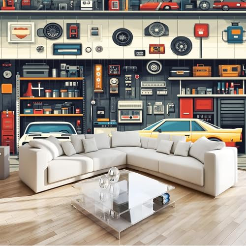 Fototapete Garage, Auto, Retro Vlies 4D Tapeten Moderne Wandtapete 250 x 175 cm Wohnzimmer Schlafzimmer Orange Farbe