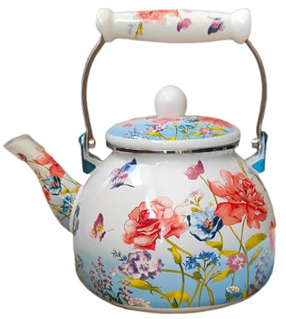 SiaBiced Induktions-Wasserkocher 2,5 L Retro-Emaille-Teekanne, Flötenkessel mit emailliertem Griff, Automatisch pfeifender Teekessel Kaffeekanne für Induktion, Gasherd, Elektroherd, stil c