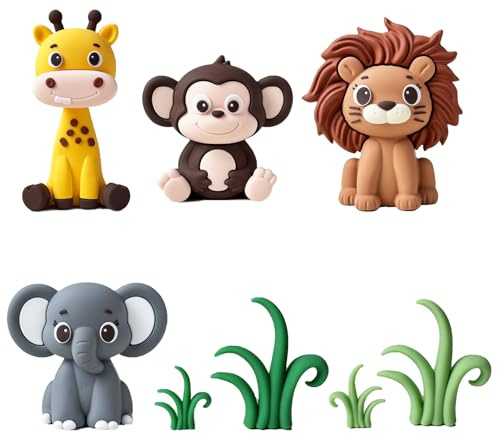 Sikweny 12 Stück Safari Tortendeko Tiere Set Tortendeko Dschungel Deko Geburtstag Torten Deko Enthält Gras Löwe Giraffe Elefant Affeformen Jungle Cake Toppers für Kindergeburtstagsfeiern