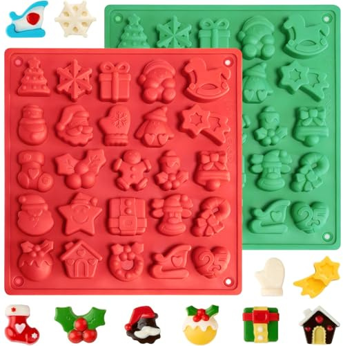 Sinirttou 2Pcs Christmas Chocolate Mould, Xmas Silicone Mold, Christmas Tree Snowman Shapes Non-Stick Candy Mold for Chocolates, Candies, Baking Tool for Xmas New Year Cake Decoration