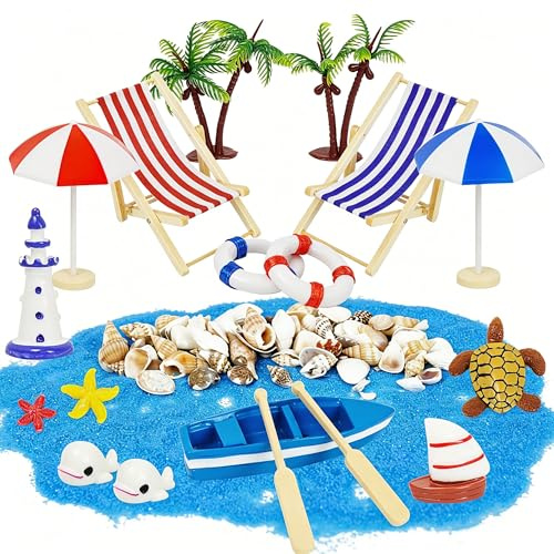 JRJRN Accessoire de Plage Miniature, 18pcs Mini Chaise Longue Deco | Avec Parasol, Micro Paysage Plage, Micro Paysage Plage Maison De Poupée pour Décoration Jardin Zen DIY