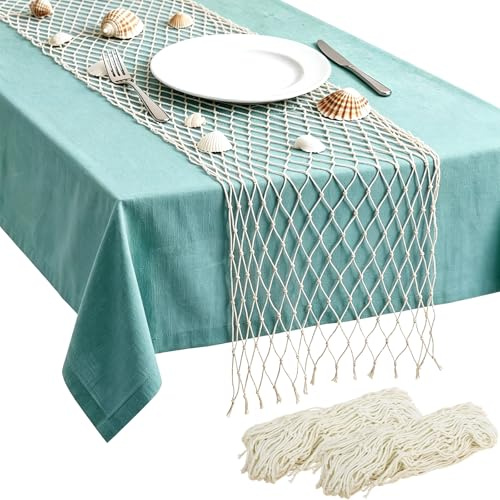 Fischernetz Deko Tischläufer 2 Stück Fischernetz Tischdeko 180 x 30 cm Fischerei Deko Fischnetz Wanddeko für Tischdekoration, Wanddekoration, Muscheln, Fotos (Weiß)