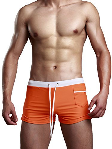 WANYING Herren Wassersport Schwimmen Trunks Tiefer Bund Badeshorts Badehosen mit Reißverschluss Taschen Schnelltrocknend - Orange Größe M