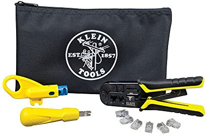 Klein Tools VDV026-212 Kit de instalación coaxial con herramienta de crimpado, cortador de cables, pelacables y conectores F con bolsa de almacenamiento