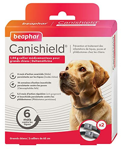 Beaphar - CANISHIELD 1,04 g – Lot de 2 colliers médicamenteux antiparasitaires pour grands chiens – Substance active : Deltaméthrine - Agit contre les tiques, les puces et les phlébotomes – 65 cm