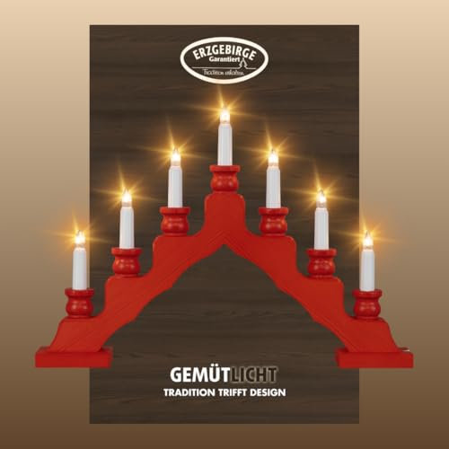 weigla - Schwedenleuchter original Erzgebirge I Trendiger Schwede ROT I LED I Schwibbogen Weihnachten I 7 Lampenkerzen + 1 Ersatzlampe I 7 x 34 V, 0,2 W, E10 I Weihnachtsdeko innen I Kiefernholz