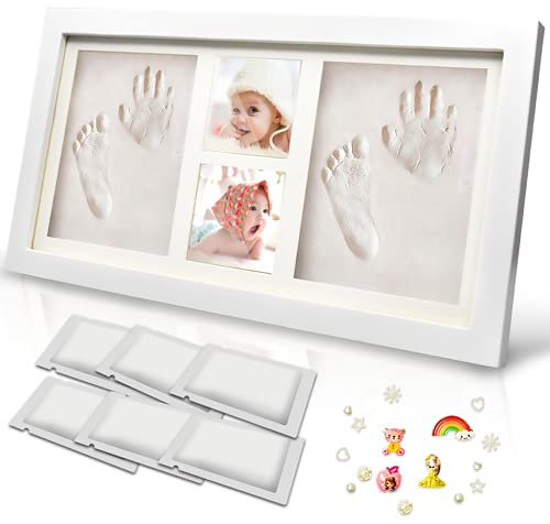 TENQUAN Kit con Cornice in Legno Per Impronte di Neonati, per Piedi e Mani, con 6 confezioni di Cornici in Argilla, regalo per neonata femmina e regali neonato maschio-Regali Battesimo Bimbo
