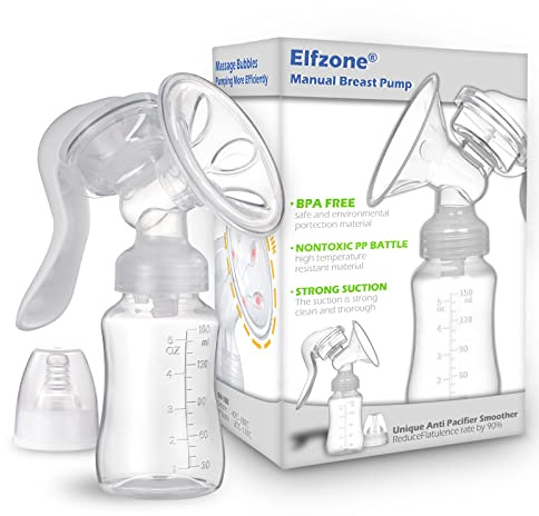 Elfzone Manual Breast Pump - Adjustable Suction Silicone Hand Pump Breastfeeding, Small Portable Manual Breast Milk Catcher Baby Feeding Pumps & Accessories, White, Mother’s Day Gifts