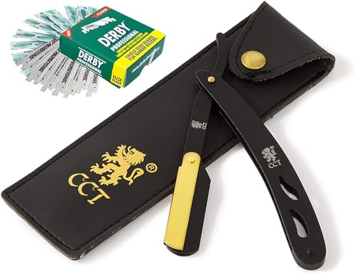 The Cambridge Cutthroat Rasoir Droit de Barbier Coupe Choux Manuel avec 10 Lames de Derby – Kit avec étui de voyage en cuir – Accessoire pour homme, Cadeau pour l’hygiène