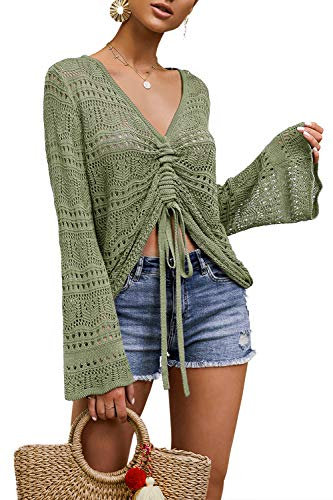 Saodimallsu Womens Oversized V Neck Shirts Flowy Crochet Bell Sleeve Boho Tops Sexy Tie Front Ruched Ruffle Top Blouse Army Green M