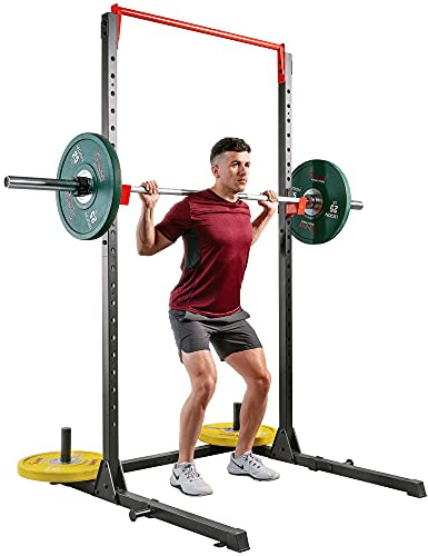 Sunny Health & Fitness Essential Adjustable Power Rack Squat Stand With J-Hooks, Adjustable Pull Up Bar, Weight Plate Holders, Resistance Band Posts Optional Incline Bench, LAT Pull Down Attachment