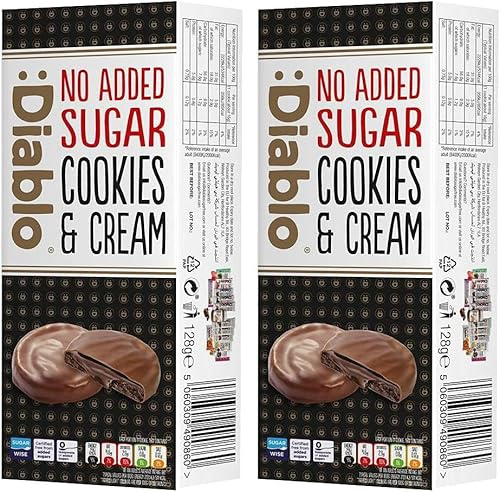 Diablo No Added Sugar Dark Cookies & Cream with Brownie Filling Covered in Dark Chocolate – No Added Sugar Biscuits Snacks for All, Sweet Treats Sweetened with Maltitol, 128g (Pack of 2)
