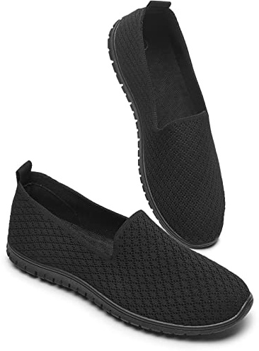 BABUDOG Women's Mesh Flats Shoes Breathable Slip on Shoes Casual Black and White Flats Comfortable Walking Shoes(Black.US10)