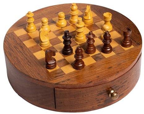 CHEHOMA - Rundes Schachspiel aus Mangoholz - Schachbrett mit Schublade - Kompaktes Reiseschach-Set - Gesellschaftsspiel im Stilvollen Vintage-Design - 5 x 18 cm
