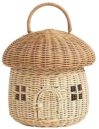 PINKJANE Rattan Hangbag Handmade Rattan Mushroom Basket Woven Cute Desktop Decor Baby Toys Storage Organizer Children Photography Props Kids Room Home Decor, White, One Size