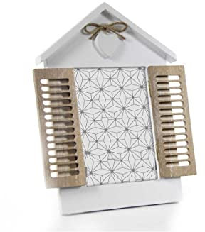 GICOS IMPORT EXPORT SRL Cornice porta foto portafoto forma casetta in legno colore bianco decoro cuore con antine 16 * 27 * 1 cm foto10*15 cm arredamento bomboniera MOG-800030