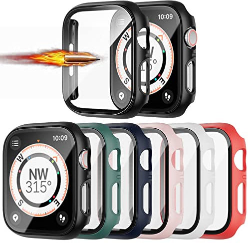 Confezione da 6 custodie rigide compatibili con Apple Watch Series 9/8/7 da 45 mm con pellicola protettiva in vetro temperato integrata, protezione completa e sottile, copertura completa senza bolle