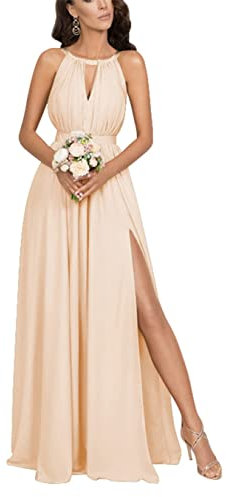 KURFACE Abito da damigella d'onore da donna con spalle scoperte e scollo all'americana plissettato abito da sera formale con spacco, Rosa pesca., 58