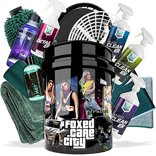 Foxed Care City Eimer Bundle Platin - FoxedCare Wascheimer 5 US GAL mit Zubehör + FoxedCare Autoshampoo 0,5L, Wax 0,25L, Glasreiniger 1L, Felgenreiniger 1L, uvm. + Garage Freaks Mikrofaser Zubehör
