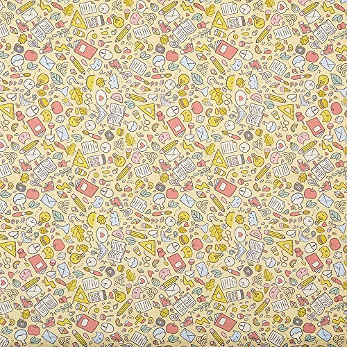 Kt KILOtela - Patchwork-Stoff, Baumwolle, Digitaldruck, Nähen, Basteln, 50 cm Länge x 140 cm Breite, Spaßschule, Bücher, Bleistifte, Gelb ─ 0,50 m