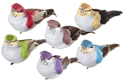 Fiebiger Floristik 6 Stück Künstliche Schaumstoff Feder Vogel Meise mit Clip Dekofigur Mini-Vogel Festliche Dekoration, Blumen-Deko, ca. 10x4 cm