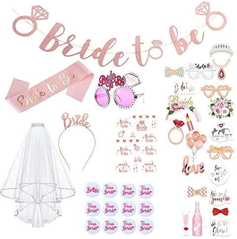 Lecone 41 Stück JGA Accessoires Frauen Jungesellinnenabschied Deko Bride to be Satin Haarreif Tiara und Schleier Hochzeit mit Kordeln, Brille, Hochzeitsschleier, Stirnband, Tattoos und Broschen