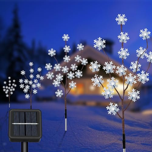 4 Stück Weihnachtsbeleuchtung Außen Solar, Weihnachtsbaum Solar mit Schneeflocken, Weihnachtsdeko Aussen, Solar Weihnachtdekoration mit 80LED, Wasserdicht Solarlampen für Außen Garten Weihnachten