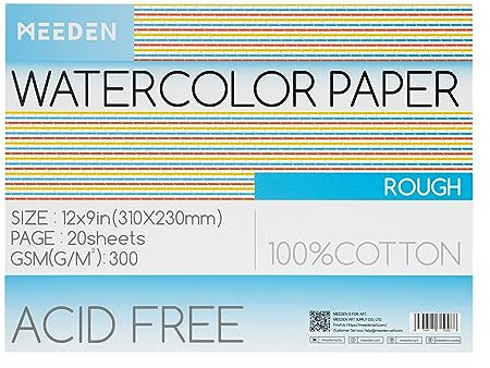 MEEDEN Aquarellpapierblock, 100% Baumwoll-Aquarellpapier-Block mit 20 Blatt, 140 lb/300 g/m², säurefreies Kunstdruckpapier für Aquarelle, Gouache, Tinte und mehr, 22,9 x 30,5 cm raue Körnung.