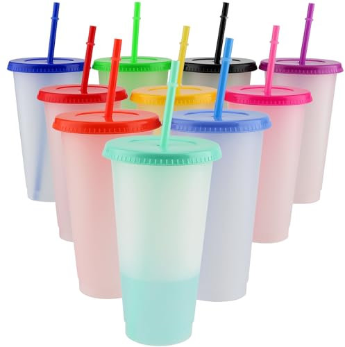 DAKFOOK 10 PCS 24oz Plastic Tumblers with Lids and Straws, Colour Changing Cold Drinking Cups, 710ml Reusable Plastic Tumblers Set for Party and Travel