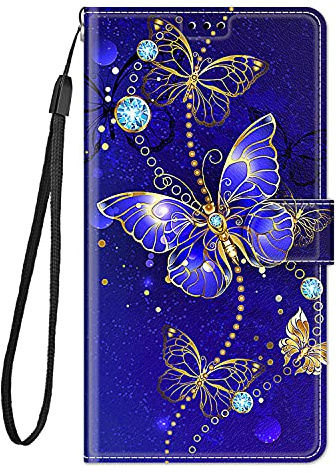 Kompatibel für Samsung Galaxy A15 4G 5G Hülle Silikon Leder Flip Case Cover Tasche Kartenfach Kickstand Motiv Klappbar Magnetisch Hüllen Handyhülle (blau Schmetterling)