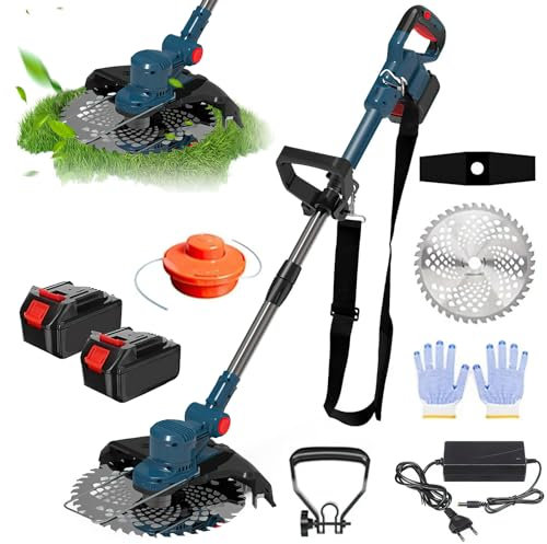 Tondeuse à Gazon éLectrique à Batterie, Tondeuse De Jardin Portable 21V, Tondeuse à Gazon Sans Fil 18000Mah Avec Barre RéGlable Pour Une Tonte Rapide, Comprend 1/2*Batterie Et Un Chargeur (2*batterie)