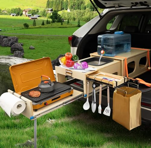 JAGAHAHA Overland Campingbox für Auto, Klappbare Campingküche mit Spüle, küchenbox Camping, Stauraum und Platz für 2 Brenner - Perfekt für Kochen, Waschen, Schneiden, Schneller Aufbau in 1 Min