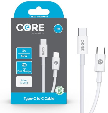 CORE ESSENTIALS | 1M USB C to USB C Charger Cable 2.4A | POWER DELIVERY Fast Charging | Compatible with iPhone 15 Pro/Max, Macbook, Samsung, Google Devices (1 x 1M Power Delivery)