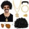 Moiuguli 6 Stück Rocker Kostüm Herren, 70er 80er Jahre Outfit Punk Hippie Kostüm mit Afro Perücke Schwarz, Dollarkette, Ring, Goldarmband, Sonnenbrille und Schnurrbart für Faschingskostüme Männer