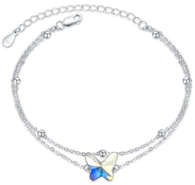 MEDWISE Schmetterlings Armband Damen 925 Sterling Silber Mondsteinweiß Kristall Doppelkette Armbänder Verstellbar Geschichtetes Armbänder Schmetterlings Schmuck Geschenke für Frauen Mädchen