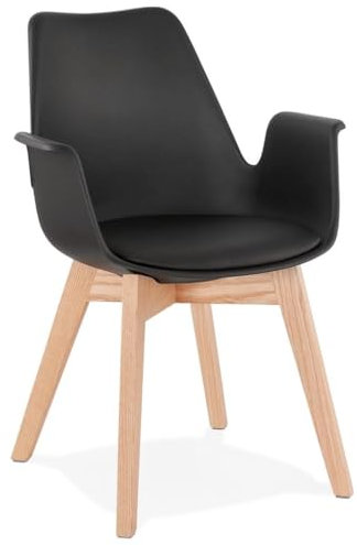 Schwarzer Schalenstuhl mit Armlehnen | Skandinavischer Esszimmerstuhl aus Kunstleder & hellem Eichenholz | Retro Bürostuhl gepolstert | Designer Stuhl modern | 58,5x50x82 cm - NIVEX Kollektion