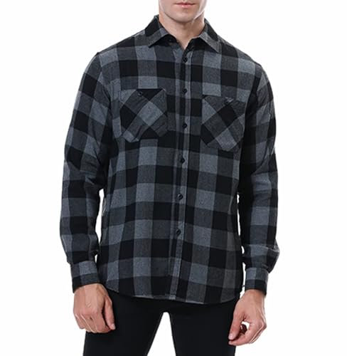 Ezmina Men’s Flannel Shirts Long Sleeve Casual Button Down Flannel Plaid Shirts for Men Camp Hiking Grey/Black