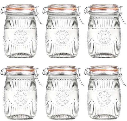 Amzcku Wide Mouth Airtight Vintage Mason Jars with Hinged Lid 32oz 6 Pack, Clear Canister Jars for Kitchen Storage - Perfect for Coffee, Sugar, Beans